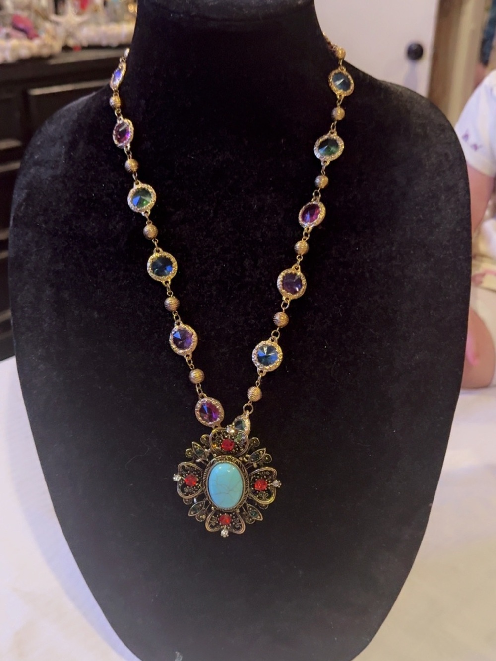 Vintage Gold gem Necklace with Turquoise and Multicolor Gemstones